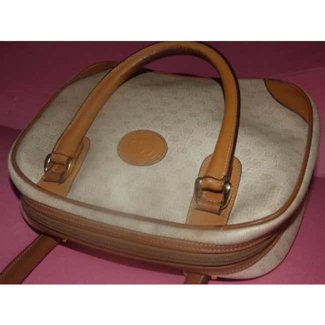 Gucci Boston Vintage Ivory And Camel Small G Logo Leather Coated Canvas Satchel | AlmaBagz