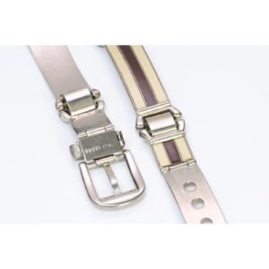 Gucci Sylvie chrome w ivory & red enamel stripes skinny belt | AlmaBagz