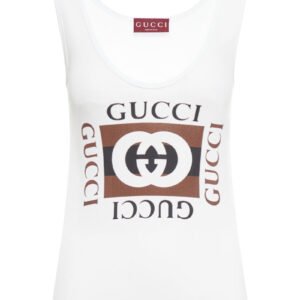Gucci Women Ribbed Cotton Tank Top With Gucci Print | AlmaBagz