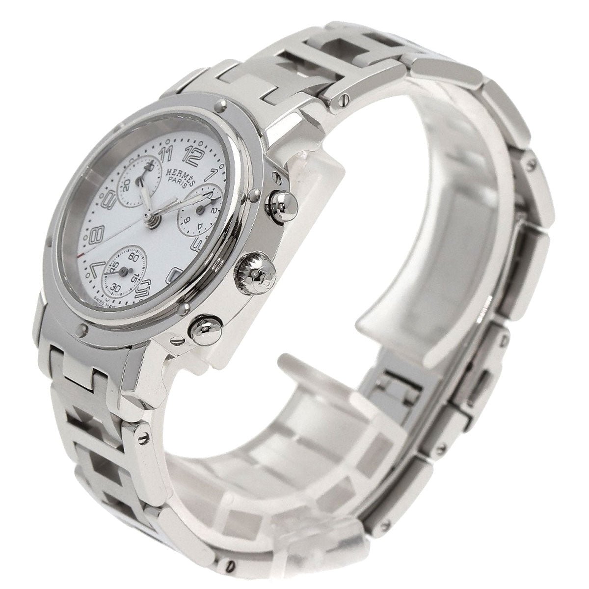 HERMES Watches Quartz CL1.310 Stainless Steel , Stainless Steel Silver Clipper Chronograph New Buckle white dial Women Used | AlmaBagz