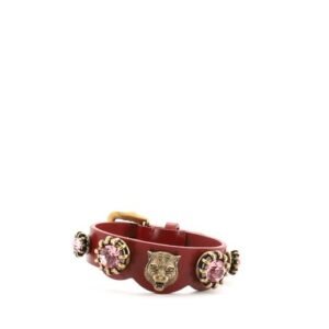 Gucci Crystal Feline Head Leather Bracelet in Red | AlmaBagz
