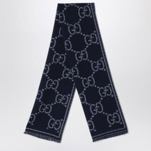 Gucci Grey/Blue Checked Gg Wool Scarf Men | AlmaBagz