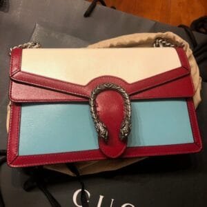 Gucci Small Dionysus Shoulder Bag in Ivory and Blue with Red Trim | AlmaBagz