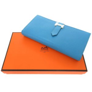 HERMES Long Wallet Purse Shave Blue Az Tech Beansufla Women Used | AlmaBagz
