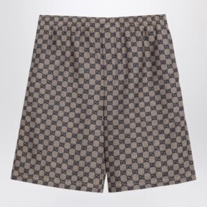 Gucci Shorts With Beige And Blue Gg Motif In Linen Blend Men | AlmaBagz
