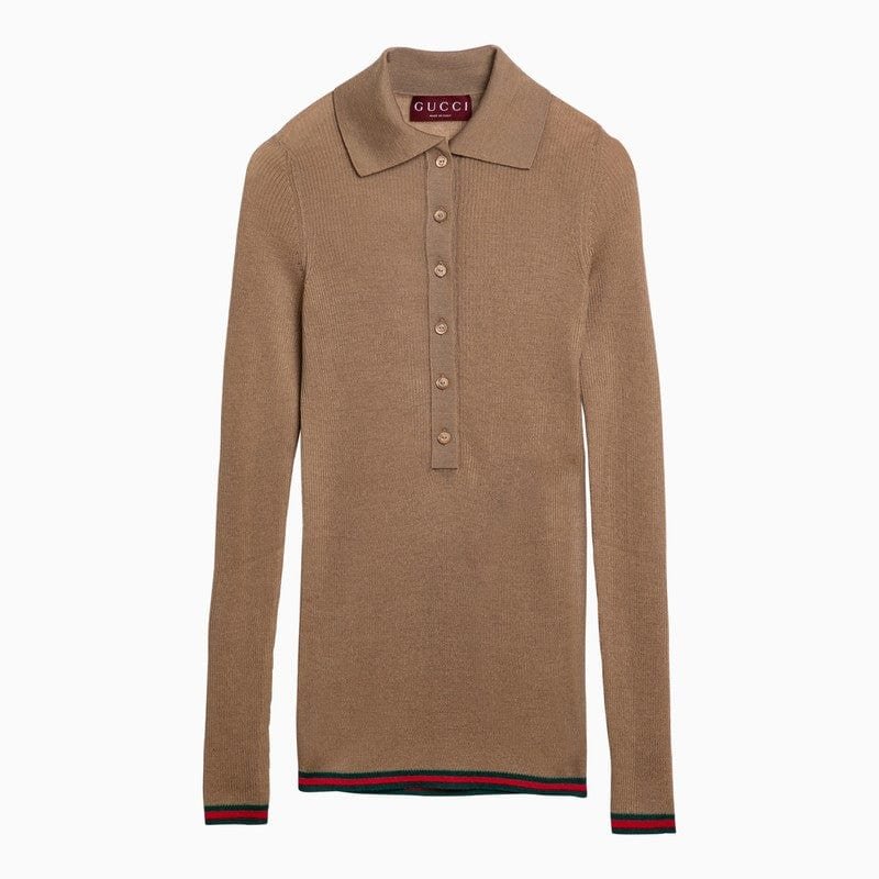 Gucci Camel Cashmere Long-Sleeved Polo Shirt Women | AlmaBagz