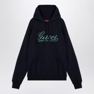 Gucci Navy Blue Hoodie With Logo Men | AlmaBagz