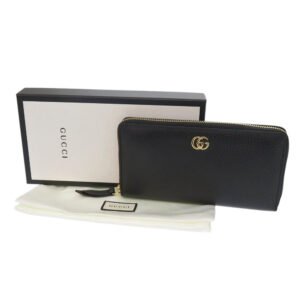 GUCCI Long Wallet Purse 456117 leather black Zip Around GG Marmont Women Used | AlmaBagz