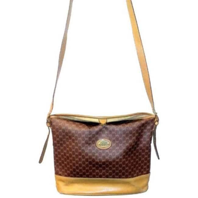 Gucci Camel Micro Logo Print On Brown Leather Bucket Bag | AlmaBagz