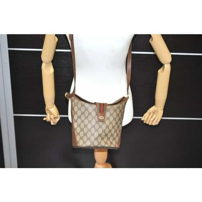 Gucci Brown Guccissima Print Leather Accessory Col Ophidia Bucket Bag w Red & Green | AlmaBagz