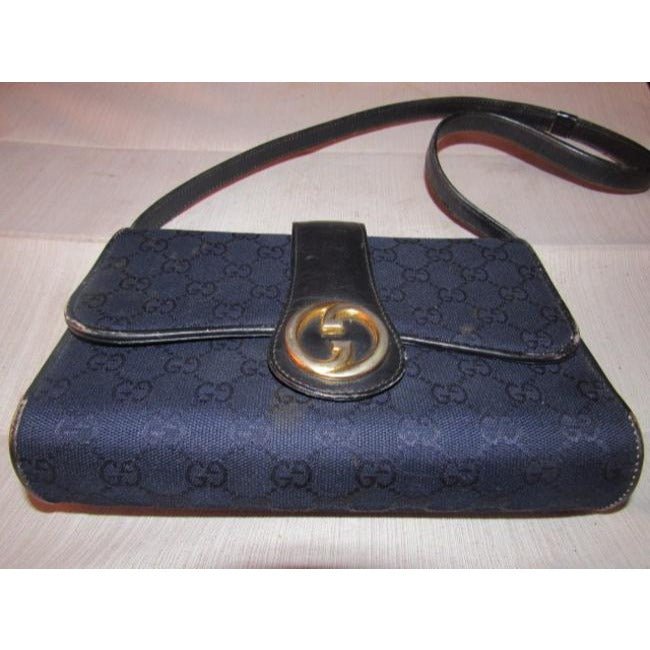 Gucci, deep blue Guccissima print canvas and black leather, envelope top, 1973 two-way-shoulder purse | AlmaBagz