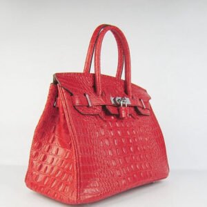 Hermes Birkin 30cm Crocodile Head Vein Handbags Red Silver | AlmaBagz