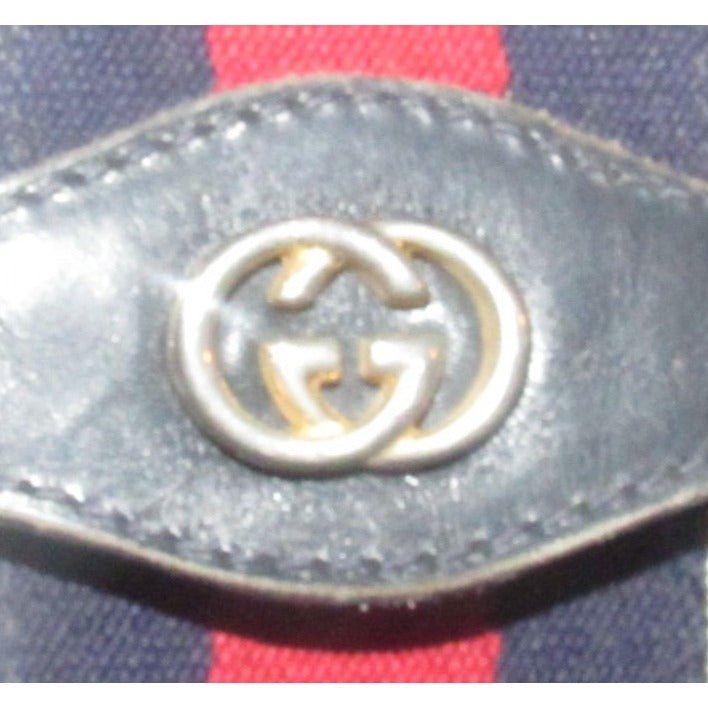 Gucci, navy Guccissima print coated canvas & leather, clutch or cosmetic bag with a red & blue Sherry striped center and envelope top | AlmaBagz