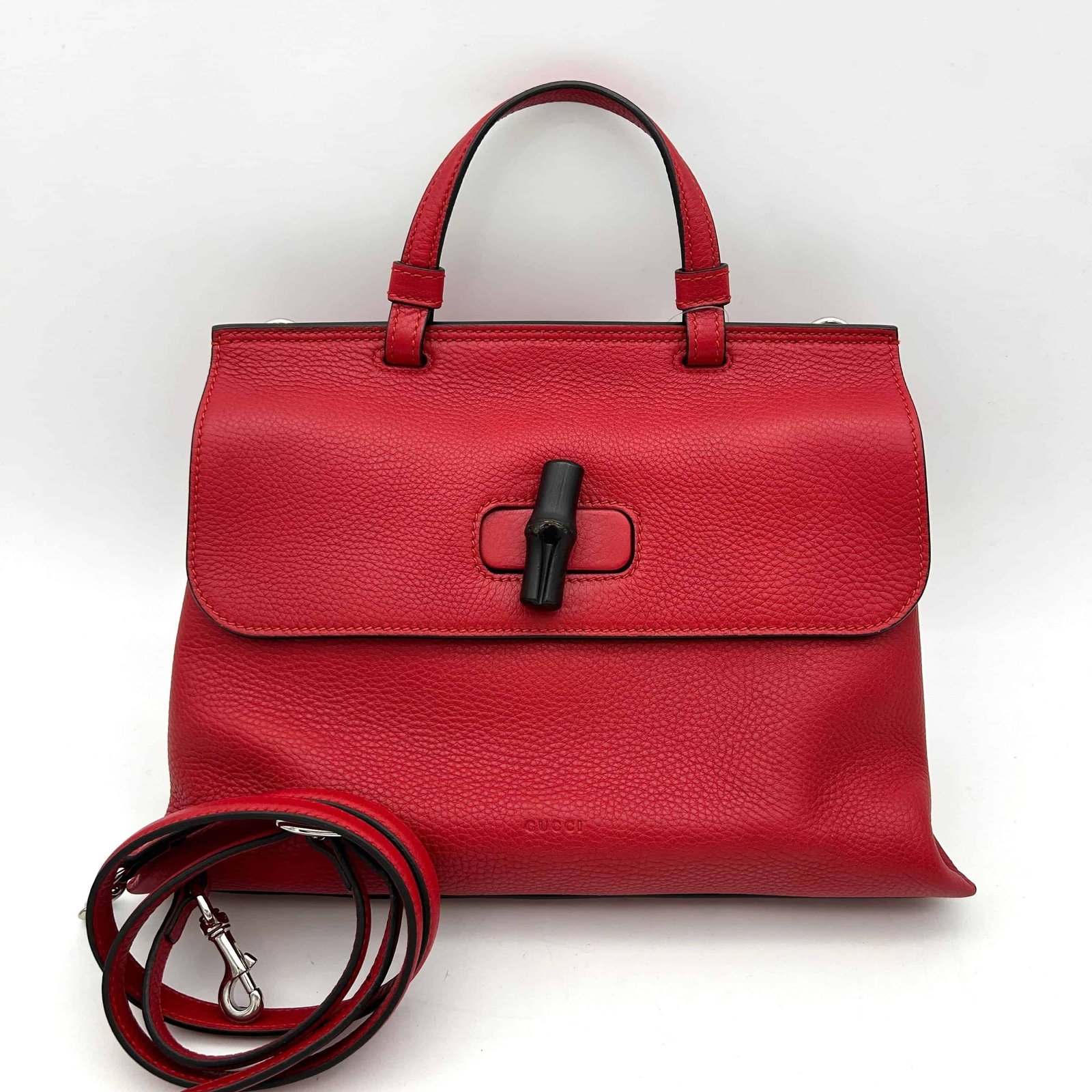 GUCCI Cellarius Calfskin Small Bamboo Daily Top Handle Bag Hibiscus Red gu9955vd | AlmaBagz