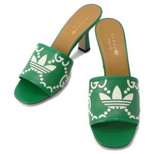 GUCCI Adidas Collaboration GG Logo Slide Sandals Green/White 722445 Leather Velour Size 39.5 | AlmaBagz