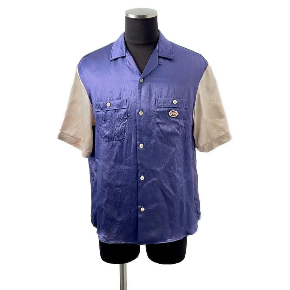 GUCCI Interlocking G open collar shirt Size 48 Purple/Ivory 654894 Acetate100% | AlmaBagz