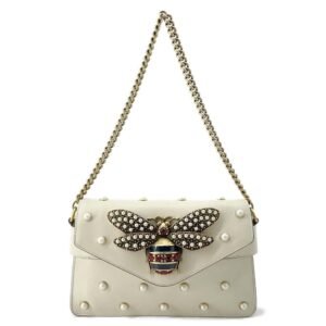 GUCCI Broadway ChainShoulder Bag White 453778 Leather Faux Pearl  Rhinestone | AlmaBagz