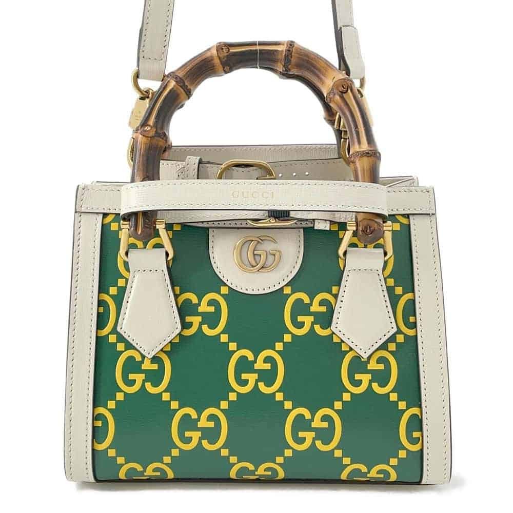 GUCCI Diana 2way Tote Bag White/Green/Yellow 655661 Leather Bamboo Size Mini | AlmaBagz