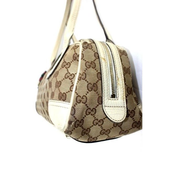 Gucci W Print Canvasleather Sherry Stripe Accents Brown Guccissimawhite Leathercanvas Satchel | AlmaBagz