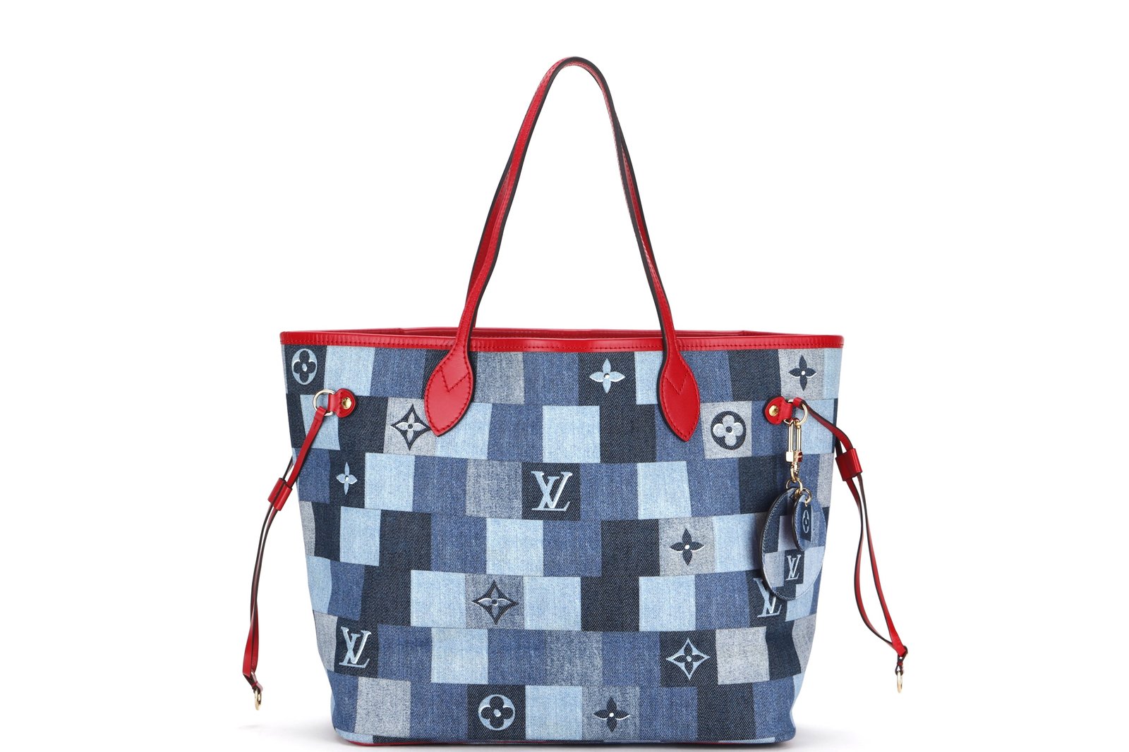 LOUIS VUITTON M44981 DENIM PATCHWORK NEVERFULL (AR5109) MM SIZE RED TRIM, WITH POUCH & DUST COVER | AlmaBagz