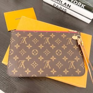 LOUIS VUITTON 2022 Monogram Neverfull MM Pochette Wristlet Pouch in Pivoine Pink | AlmaBagz