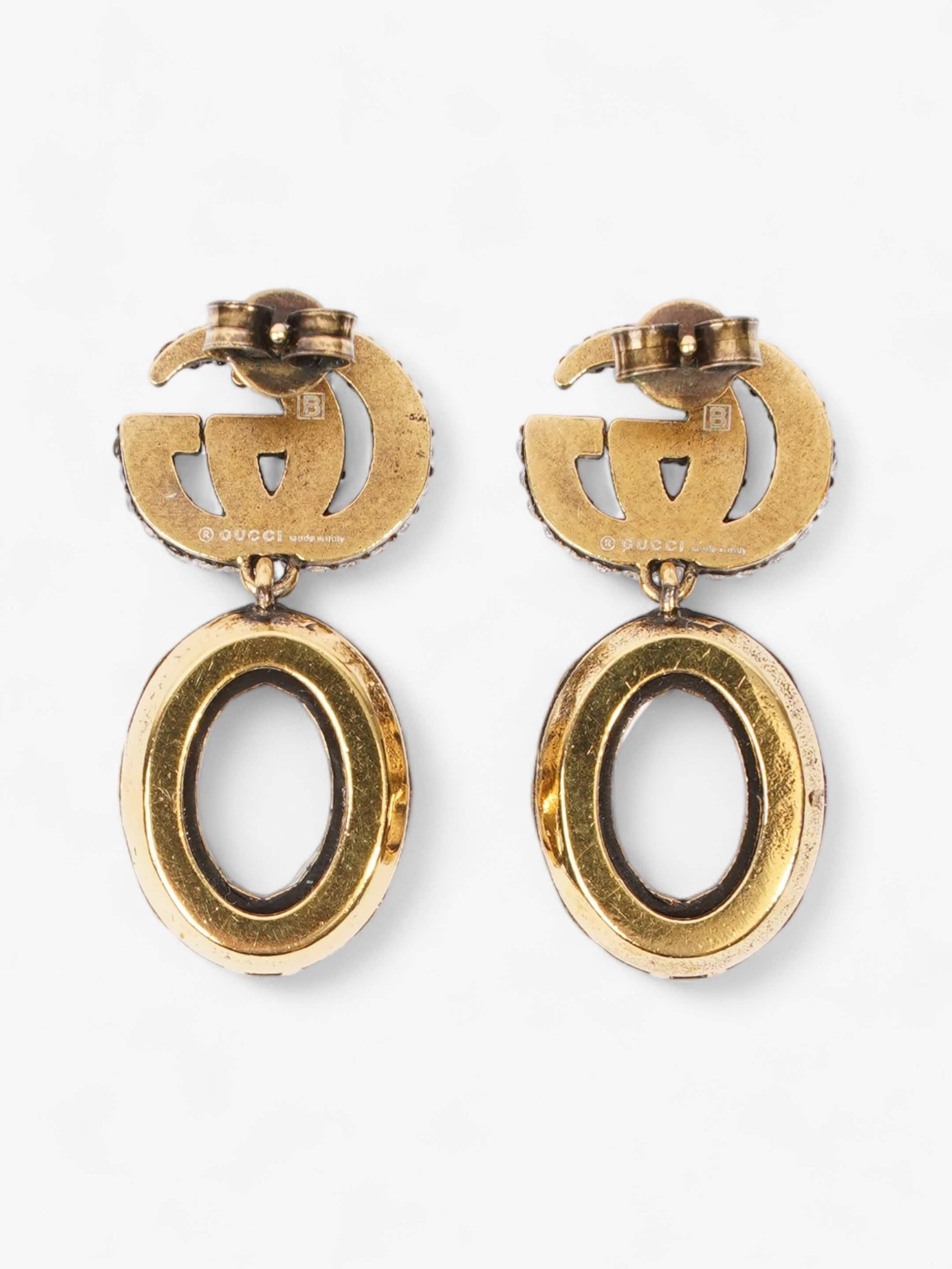 Gucci Crystal Double G Drop Earrings Aged Gold Base Metal | AlmaBagz