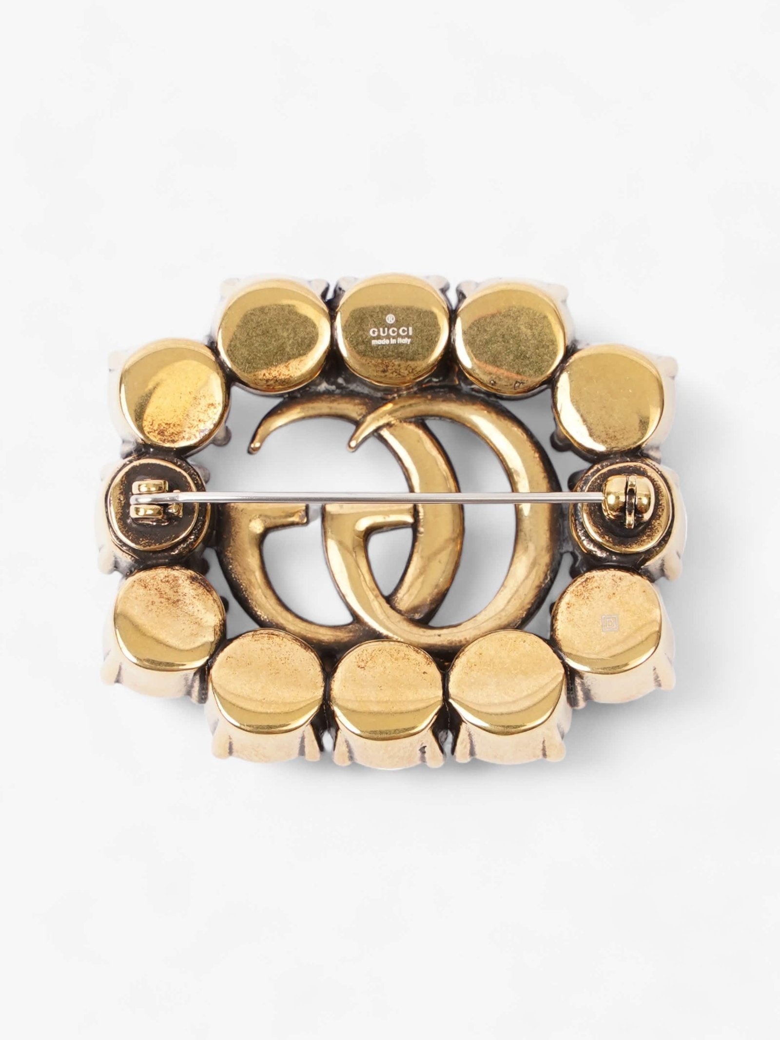 Gucci Crystal Double G Brooch Aged Gold Base Metal | AlmaBagz