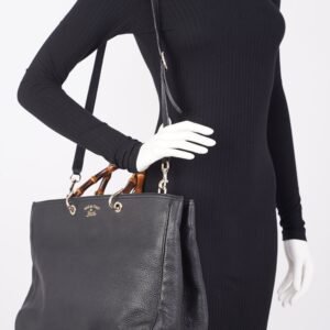 Gucci Womens Bamboo Shopper Tote Black Leather Large | AlmaBagz