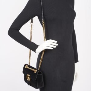 Gucci Womens Marmont Flap Black Velvet Gold Mini | AlmaBagz