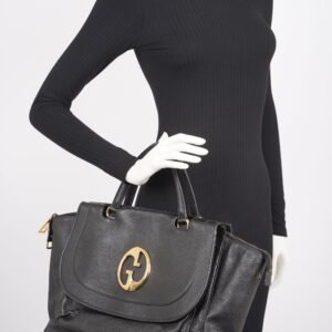 Gucci Womens 1973 Leather Top Handle Black / Gold | AlmaBagz