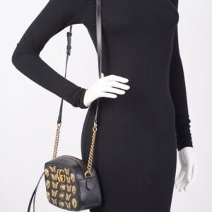 Gucci Womens Animal Studs GG Marmont Zip Bag Black Leather Small | AlmaBagz