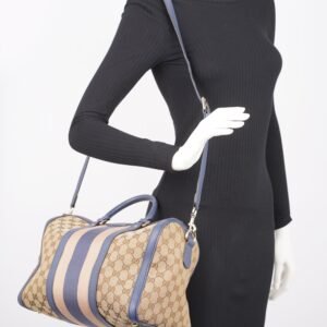 Gucci Womens Vintage Web Boston Bag Beige Blue Nude Medium | AlmaBagz