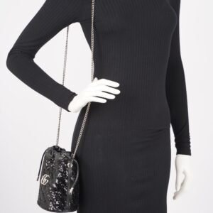 Gucci Womens GG Marmont Bucket Bag Black Leather / Sequin Mini | AlmaBagz