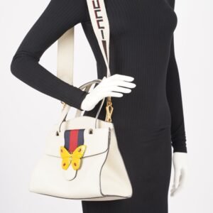 Gucci Totem Web Stripped Butterfly Bag White Leather Medium | AlmaBagz