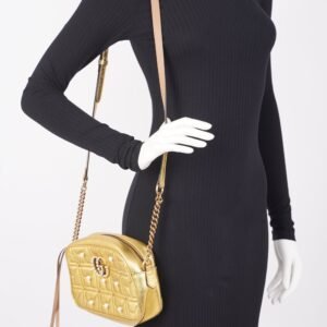 Gucci Womens Marmont GG Zip Bag Golden Leather Small | AlmaBagz