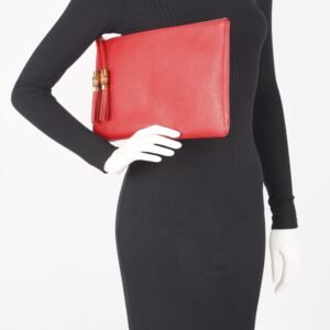 Gucci Womens Bamboo Pouch Red Leather Large | AlmaBagz