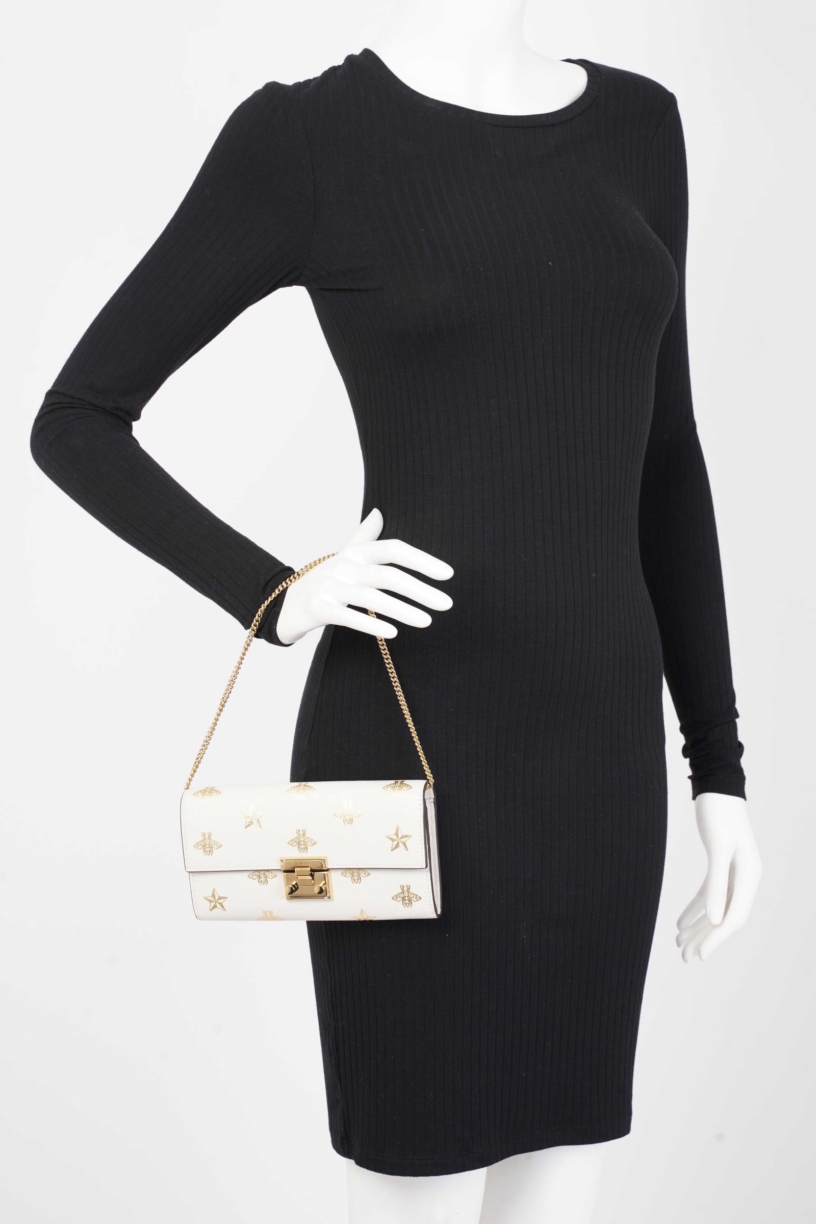 Gucci Bee Star Wallet On Chain White / Gold Leather | AlmaBagz