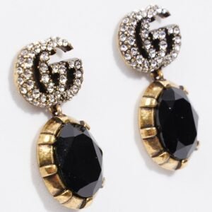 Gucci Womens GG Pendant Earrings Black / Gold Finish Base Metal / Rhinestone | AlmaBagz