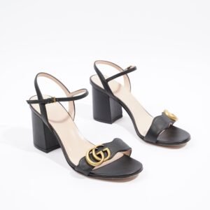 Gucci Womens Leather Mid Heel Sandal Black / Gold EU 37.5 / UK 4.5 | AlmaBagz
