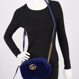 Gucci Womens Matelasse GG Marmont Bag Blue Velvet Small | AlmaBagz