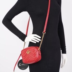 Gucci Womens Marmont Shoulder Zip Bag Red Leather Mini | AlmaBagz