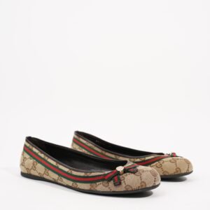 Gucci Womens Mayfair GG Canvas Web Bow Ballerina Pump Beige EU 38 / UK 5 | AlmaBagz