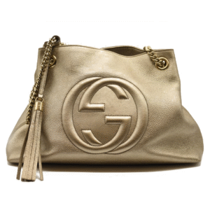 Gucci Metallic Pebbled Calfskin Medium Soho Chain Shoulder Bag Golden Beige | AlmaBagz