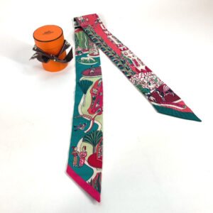 HERMES scarf 063536S silk Green x pink type Twilly Twilly EXPOSITION UNIVERSELL Women Used | AlmaBagz
