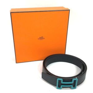 HERMES belt Boxcalf, Togo Black x blue H buckle Tonight mens 90 Used | AlmaBagz