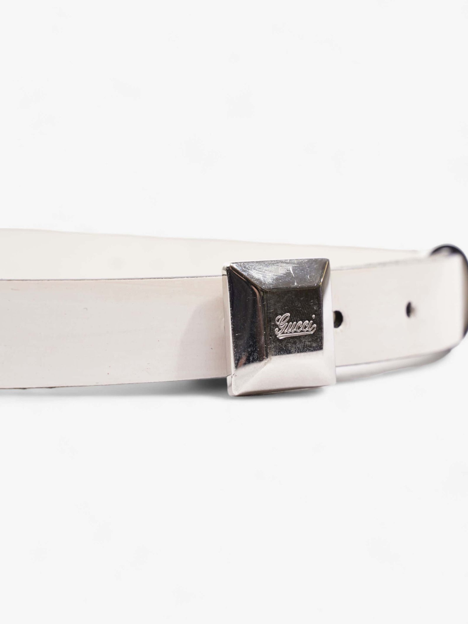 Gucci Thin Square Buckle Belt White Patent Leather 85cm | AlmaBagz