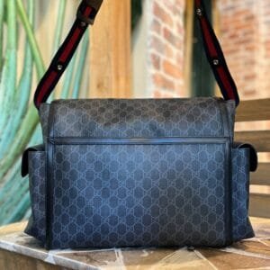 GUCCI Black Grey GG Supreme Monogram Web Messenger Diaper Bag | AlmaBagz