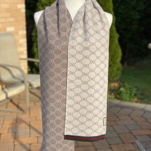 Gucci Taupe Reversible Wool Scarf with Red Green Trim | AlmaBagz