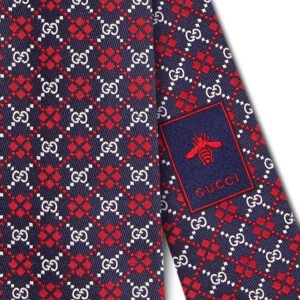 Gucci Navy Silk Tie with Red Diamonds and Interlocking GG | AlmaBagz
