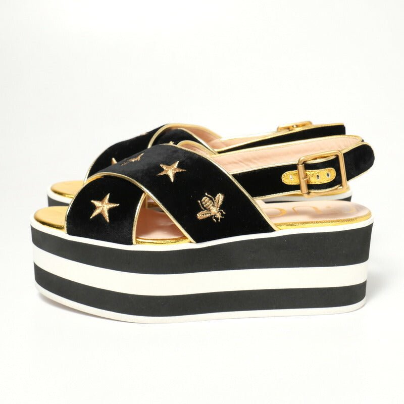 GUCCI Sandals velvet Black / white / gold 34 1/2 | AlmaBagz